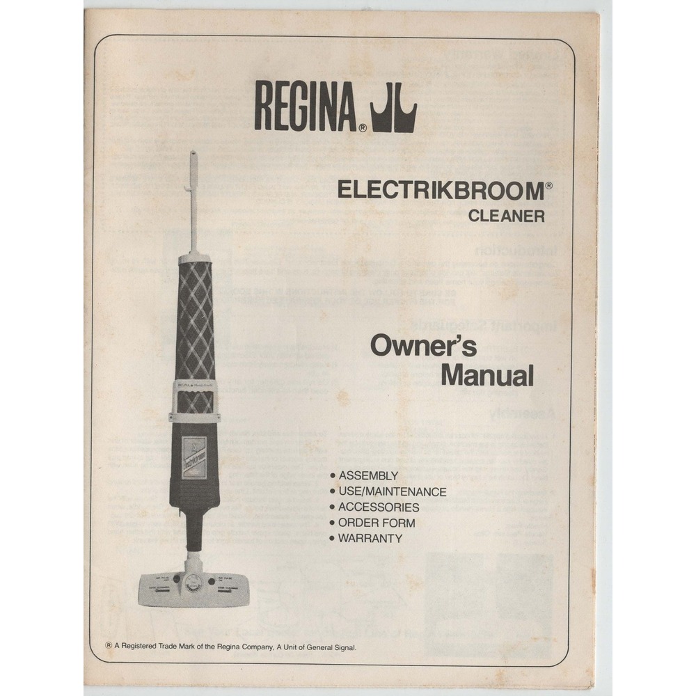 Vintage Regina Electrikbroom Cleaner Owner's Manual 1982 Vacuum Instructions